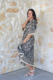 Black Floral Hand Block Print Long Kaftan