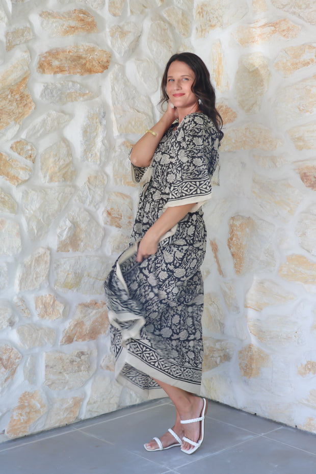 Black Floral Hand Block Print Long Kaftan