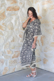 Black Floral Hand Block Print Long Kaftan