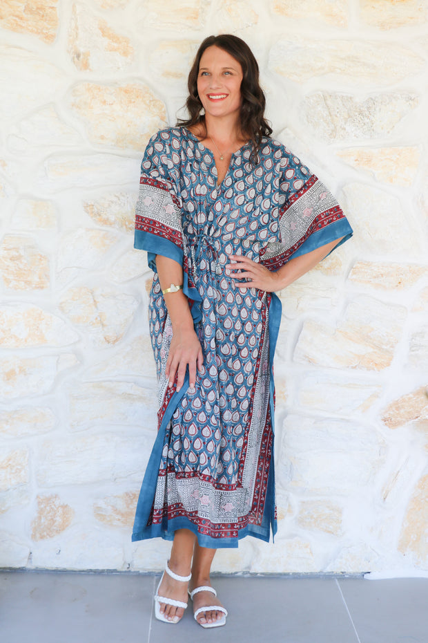 Blue Butti - Hand Block Print Long Kaftan