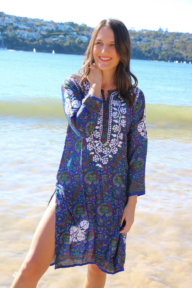 Blue Crepe Silk Hand Embroidered Tunic