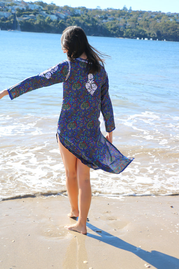 Blue Crepe Silk Hand Embroidered Tunic