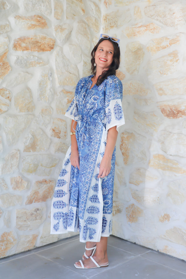 Blue Sunflower - Hand Block Print Long Kaftan