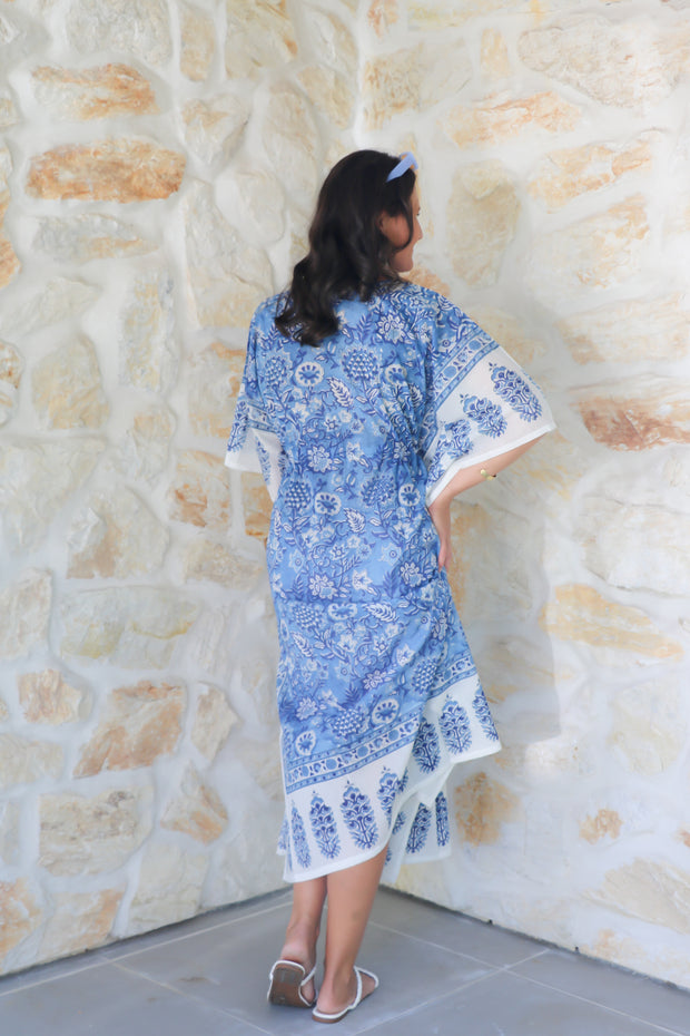 Blue Sunflower - Hand Block Print Long Kaftan