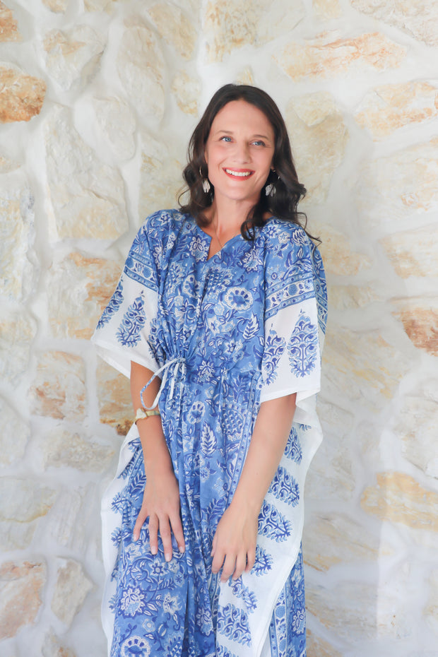 Blue Sunflower - Hand Block Print Long Kaftan