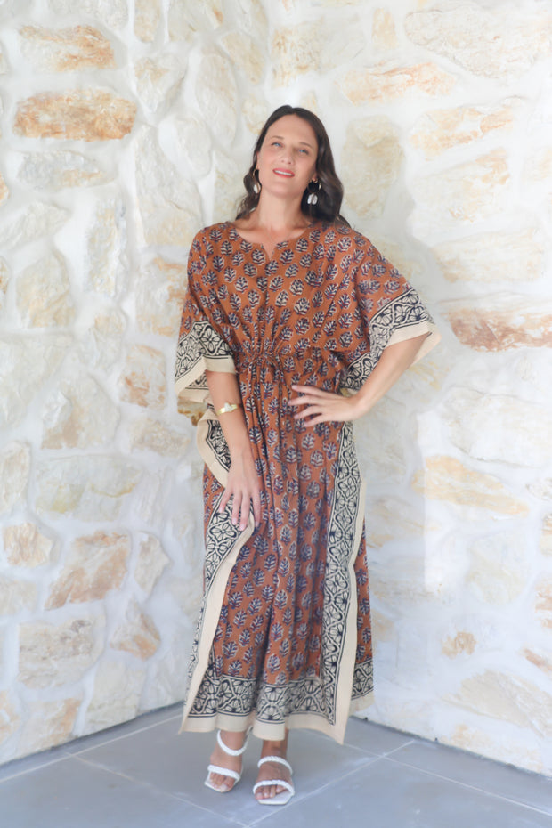 Brown Butti Kalamkari Hand Block Print Long Kaftan