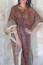 Brown Butti Kalamkari Hand Block Print Long Kaftan