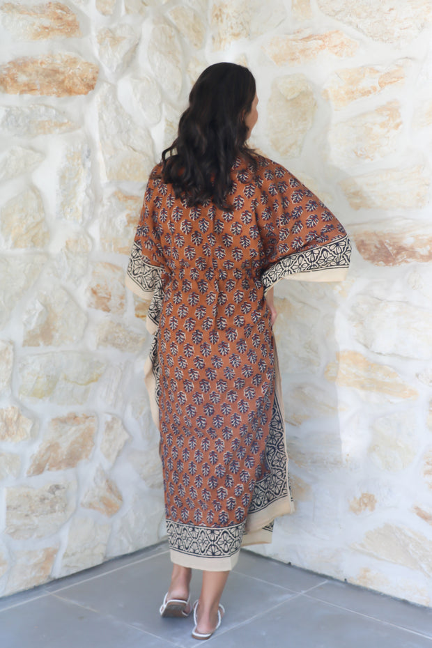 Brown Butti Kalamkari Hand Block Print Long Kaftan