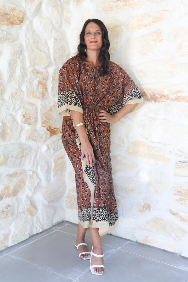 Brown Butti Kalamkari Hand Block Print Long Kaftan