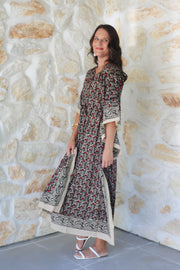 Brown Floral Kalamkari Hand Block Print Long Kaftan