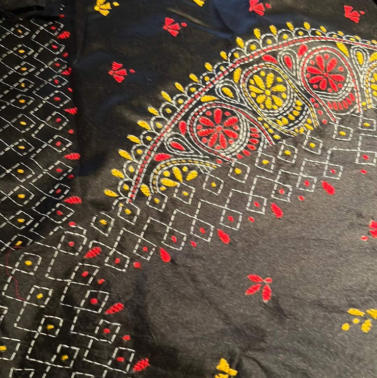 Black Raw Silk Kantha Hand Stitch Saree -  by EeshaBoutique - gshop