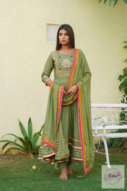 Chanderi Silk Green Anarkali Suit With Pant And Dupatta