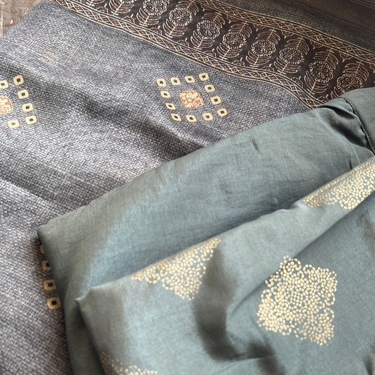 Grey Silk Blend Kurta with Pants and Dupatta