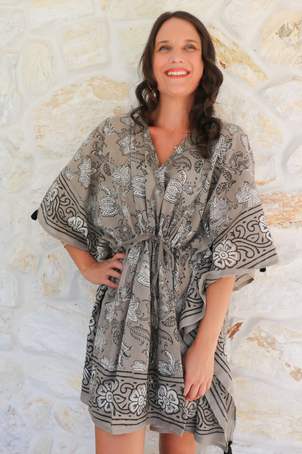 Short Kaftan - Floral Dabbu Print with Tussles