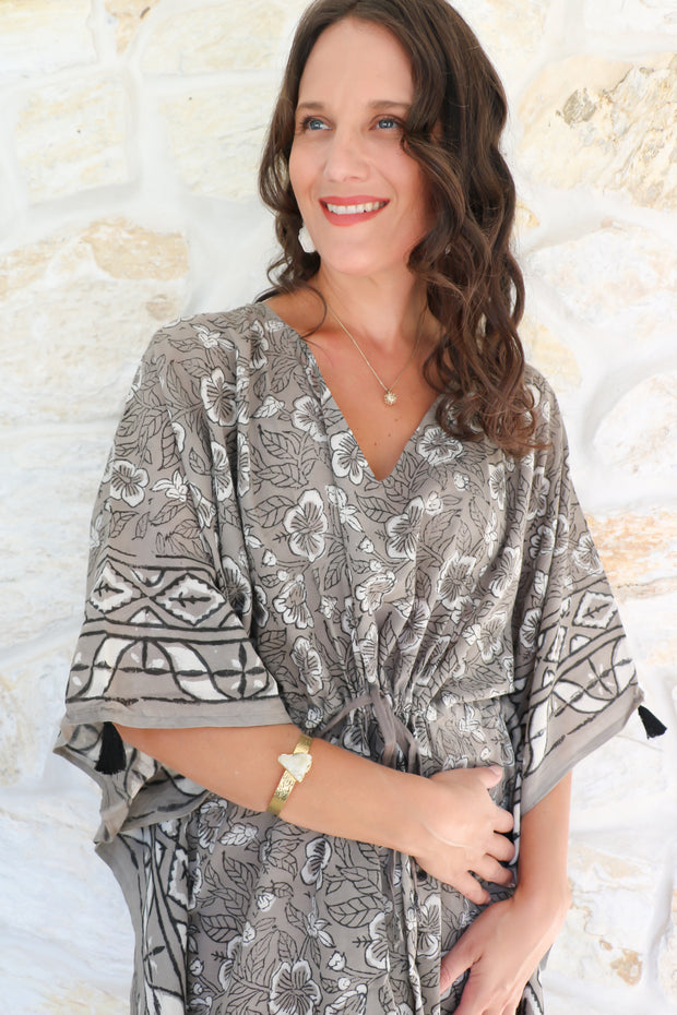Ruhi Short Kaftan - Floral Dabbu Print with Tussles
