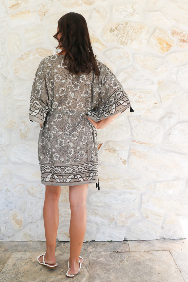 Ruhi Short Kaftan - Floral Dabbu Print with Tussles