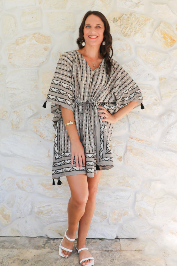 Short Kaftan - Dabbu Print with Tussles