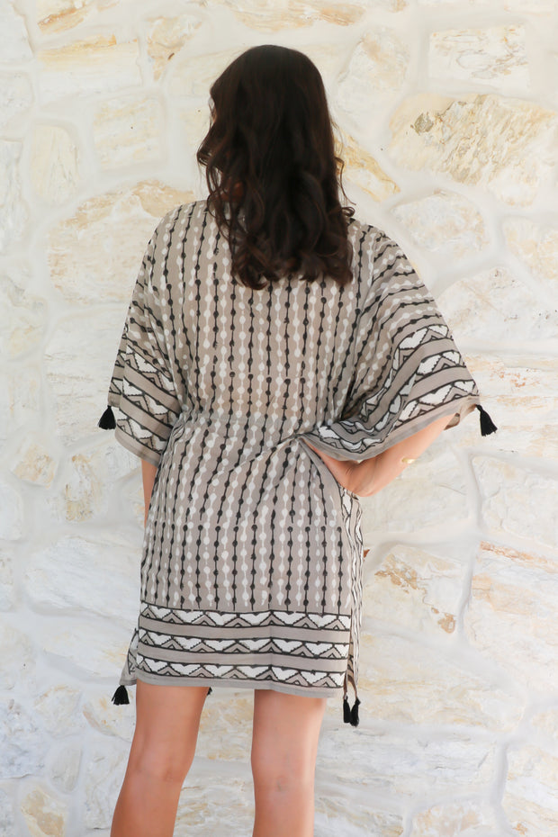 Short Kaftan - Dabbu Print with Tussles