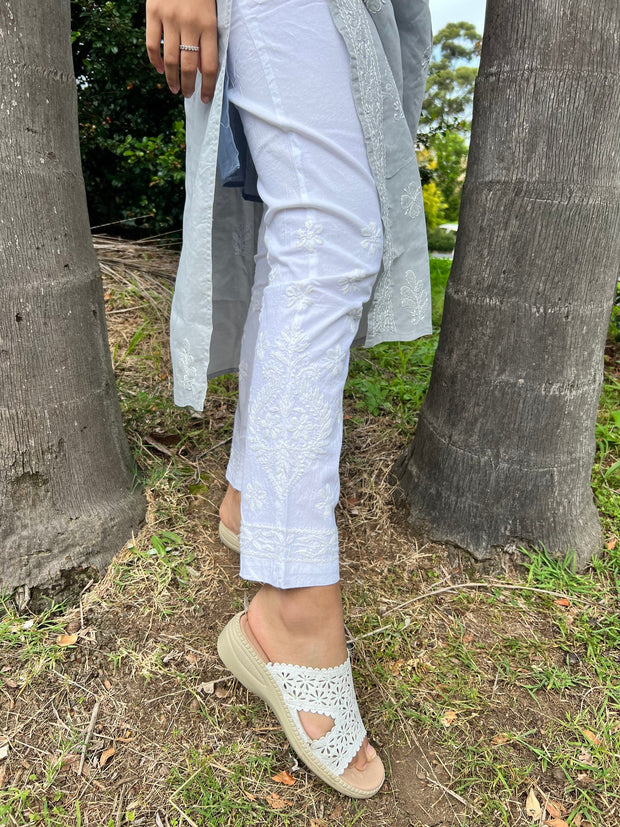 White Cotton Straight Chikankari Pant