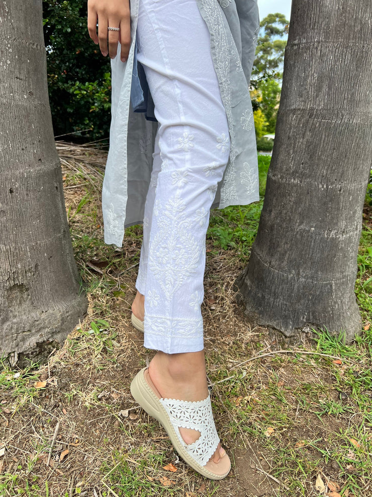 White Cotton Straight Chikankari Pant