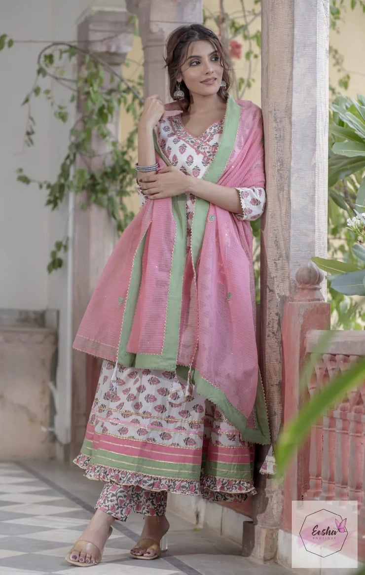 Baby Pink Pure Cotton Mulmul Anarkali Suit - Set of 3
