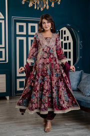 Wine Color Maslin Silk Heavy Anarkali Suit - Set of 3