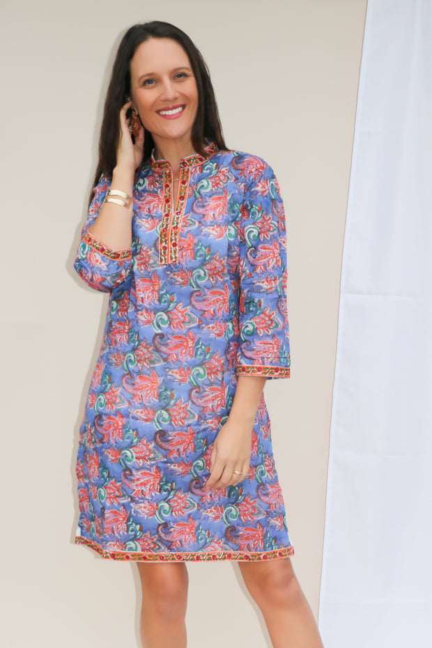 Floral Blue and Orange Cotton Hand Block Print Tunic
