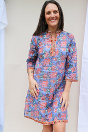Floral Blue and Orange Cotton Hand Block Print Tunic