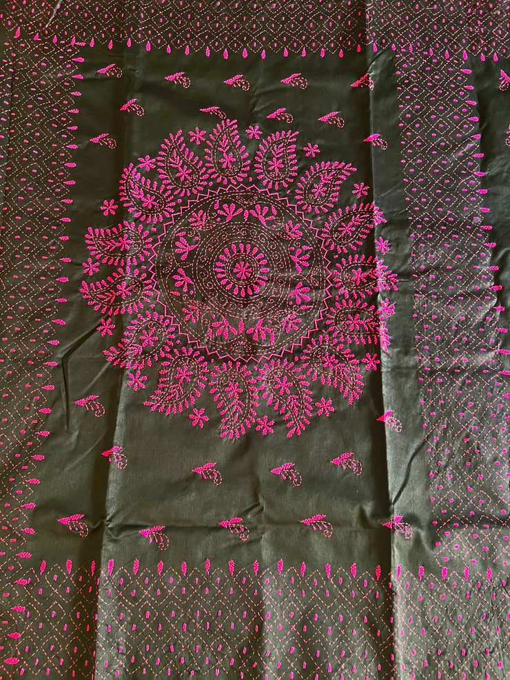 Black Raw Silk Kantha Hand Stitch Saree