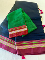 Handloom Resham Blended Silk Cotton Saree Khun Saree - Indigo Blue