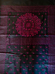 Black Raw Silk Kantha Hand Stitch Saree