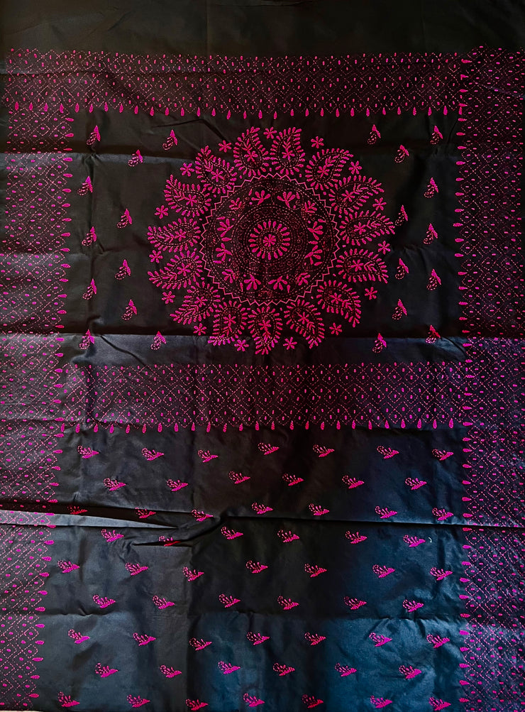 Black Raw Silk Kantha Hand Stitch Saree