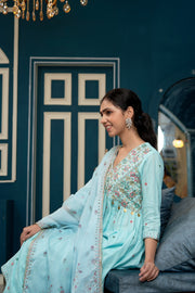 Aqua Blue Aiyla Cut Cotton Mulmul Anarkali With Afghani Pant and Dupatta - Set of 3