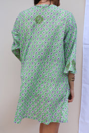 Green Bell Sleeves Hand Block Print Tunic with Hand Embroidery