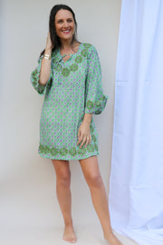 Green Bell Sleeves Hand Block Print Tunic with Hand Embroidery