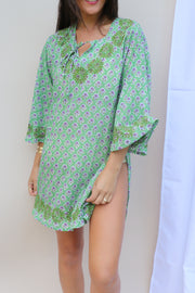 Green Bell Sleeves Hand Block Print Tunic with Hand Embroidery