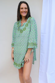 Green Bell Sleeves Hand Block Print Tunic with Hand Embroidery