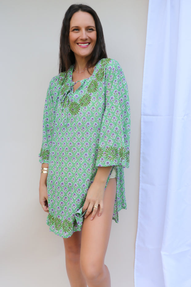 Green Bell Sleeves Hand Block Print Tunic with Hand Embroidery