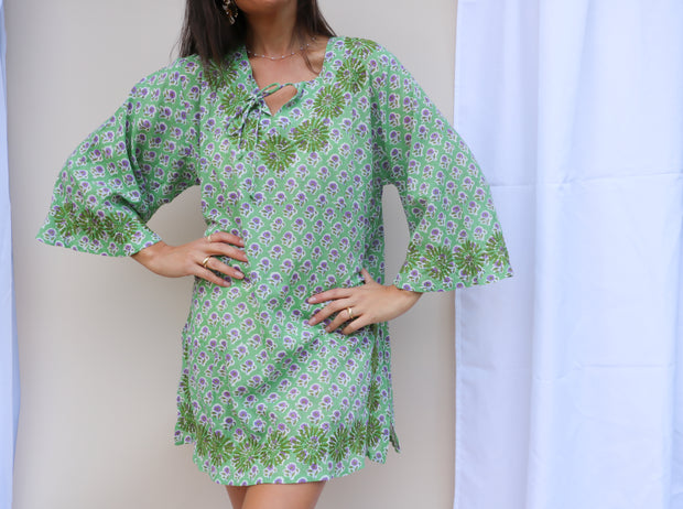 Green Bell Sleeves Hand Block Print Tunic with Hand Embroidery