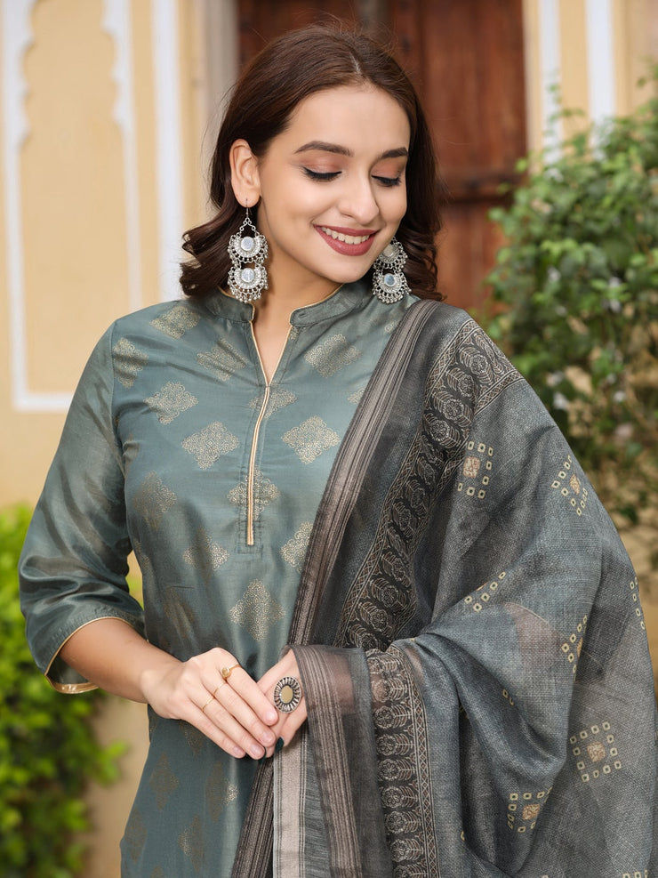 Grey Silk Blend Kurta with Pants and Dupatta