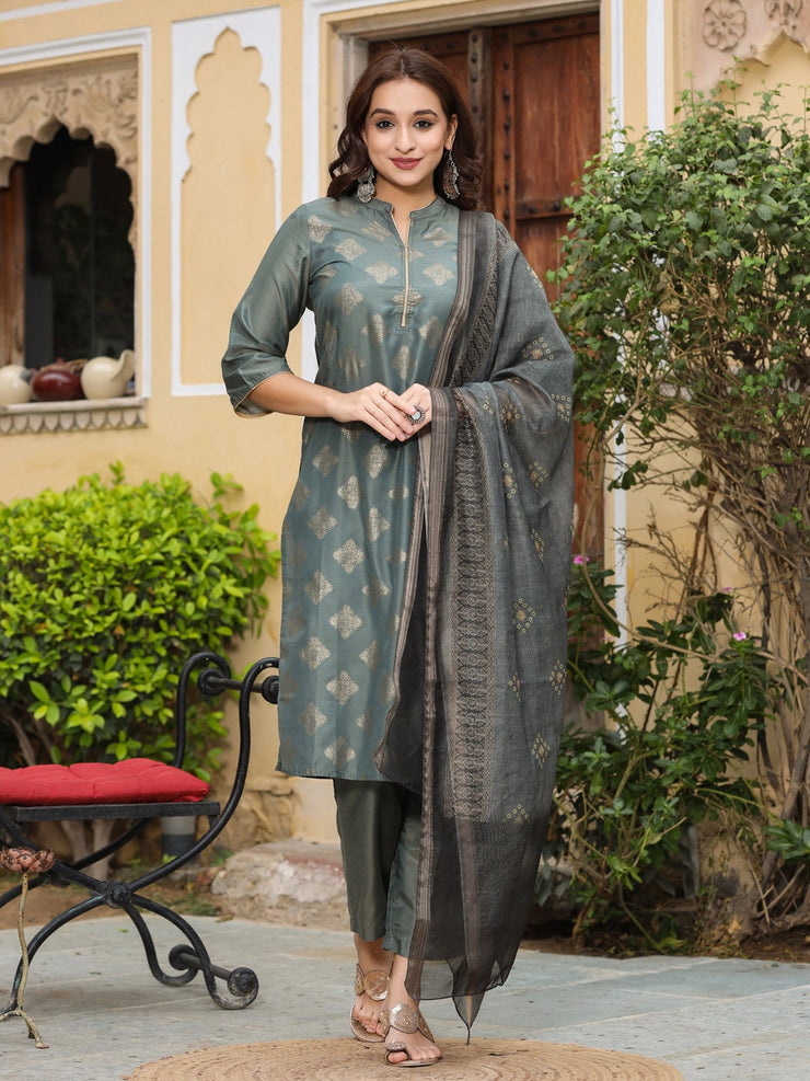 Grey Silk Blend Kurta with Pants and Dupatta