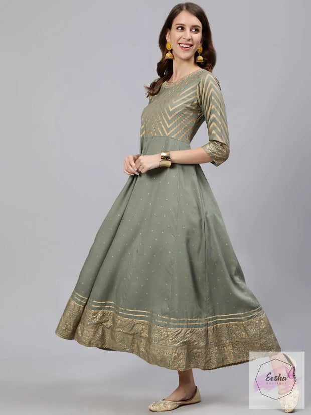 Greenish Grey Anarkali Long Rayon Gown With Heavy Flair