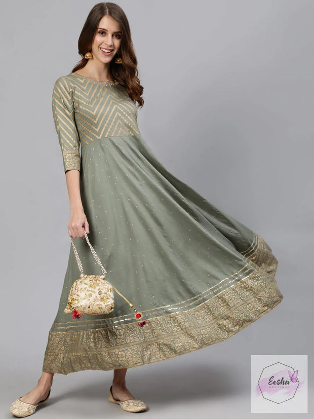 Greenish Grey Anarkali Long Rayon Gown With Heavy Flair