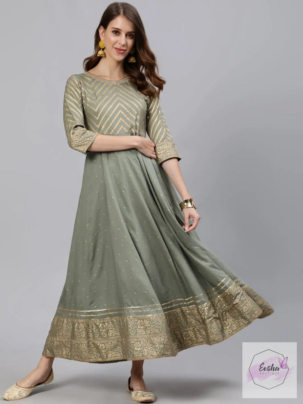 Greenish Grey Anarkali Long Rayon Gown With Heavy Flair