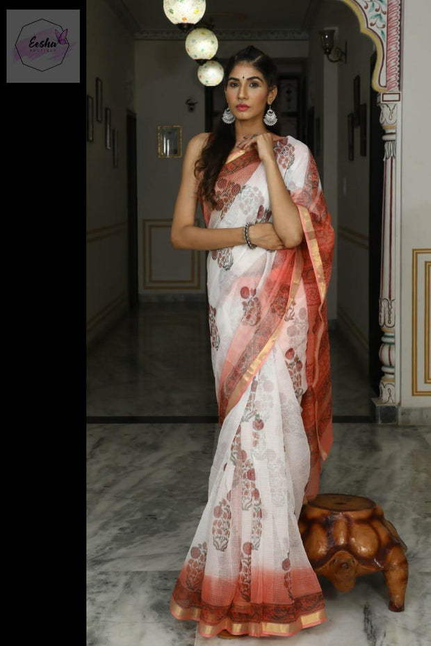 Pink and White Kota Duria Saree -  by EeshaBoutique - gshop