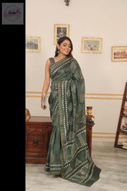 Moss Green Maheshwari Silk Hand Block Print Saree -  by EeshaBoutique - gshop