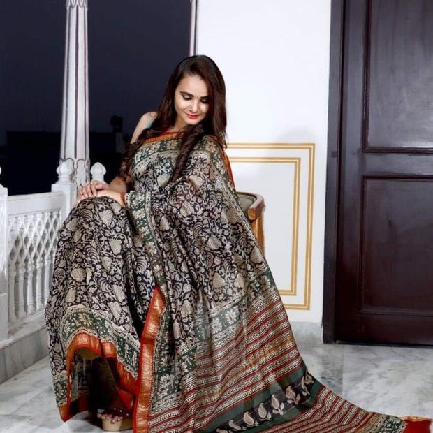 Black Floral Maheshwari silk hand block print saree -  by EeshaBoutique - gshop