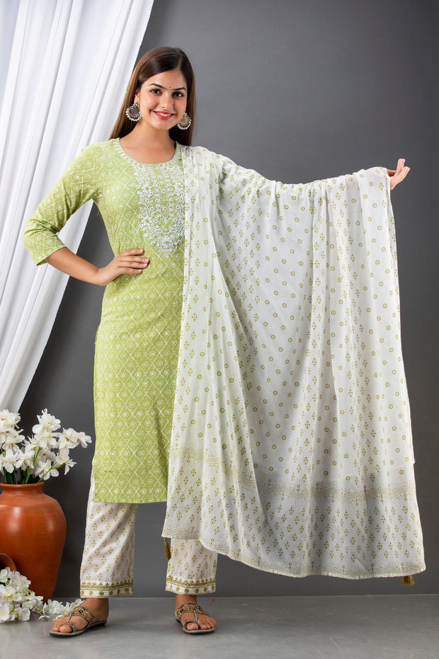 Pista Green Straight Pure Cotton Kurti with Pant and Dupatta