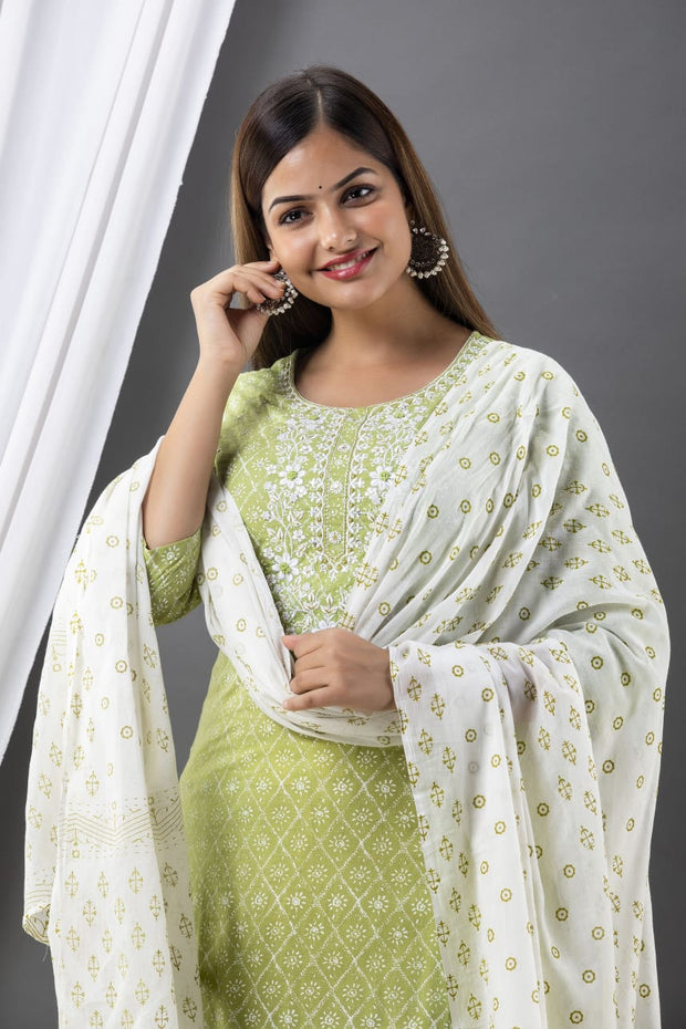 Pista Green Straight Pure Cotton Kurti with Pant and Dupatta