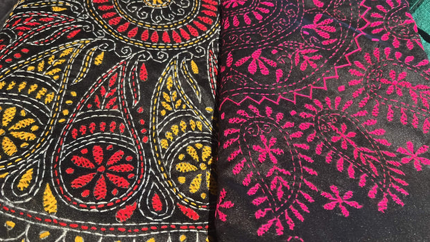 Black Raw Silk Kantha Hand Stitch Saree -  by EeshaBoutique - gshop